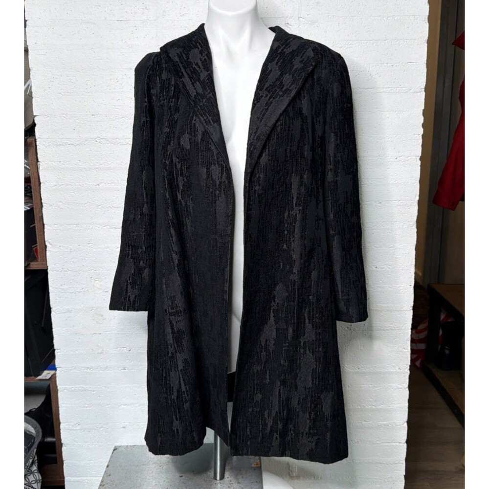Eileen Fisher Jacquard Open-Front Duster Jacket Black Textured Collar 3/4 Sleeve